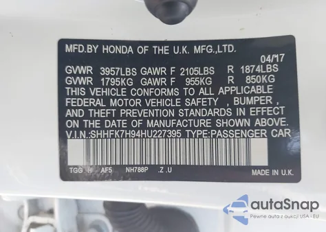 2017 Honda Civic Sport Touring z USA, uszkodzony, nr VIN SHHFK7H94HU227395